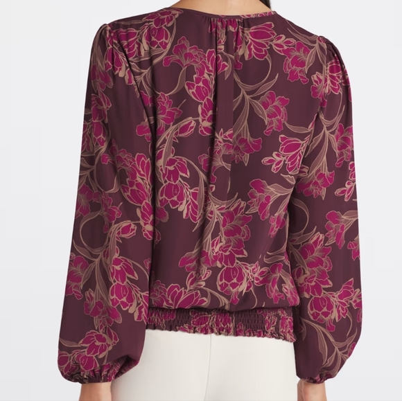 Nine Britton Keyhole Smocked Waist Burgundy and Purple Floral Blouse NWT - Picture 2 of 8